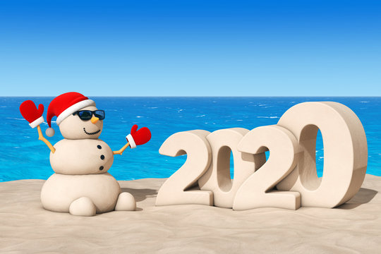 Sandy Christmas Snowman at Sunny Beach with 2020 New Year Sign. 3d Rendering