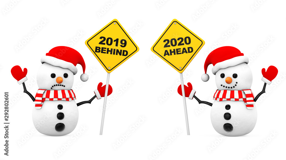 Poster snowmans with 2019 and 2020 year signs. 3d rendering