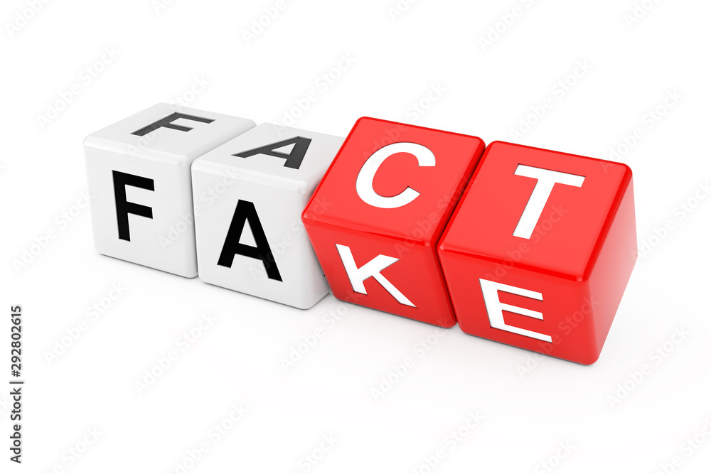 Poster cube blocks with the transition from fake to fact word. 3d rendering