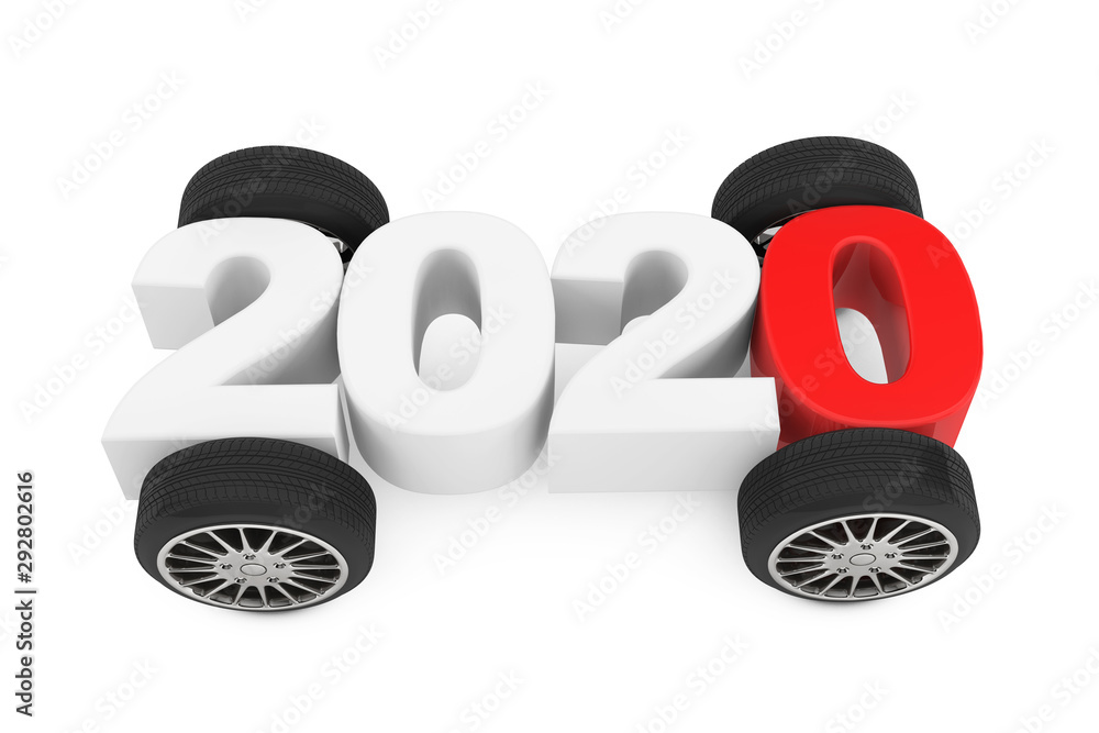 Poster 2020 Year Concept with Car Wheels. 3d Rendering
