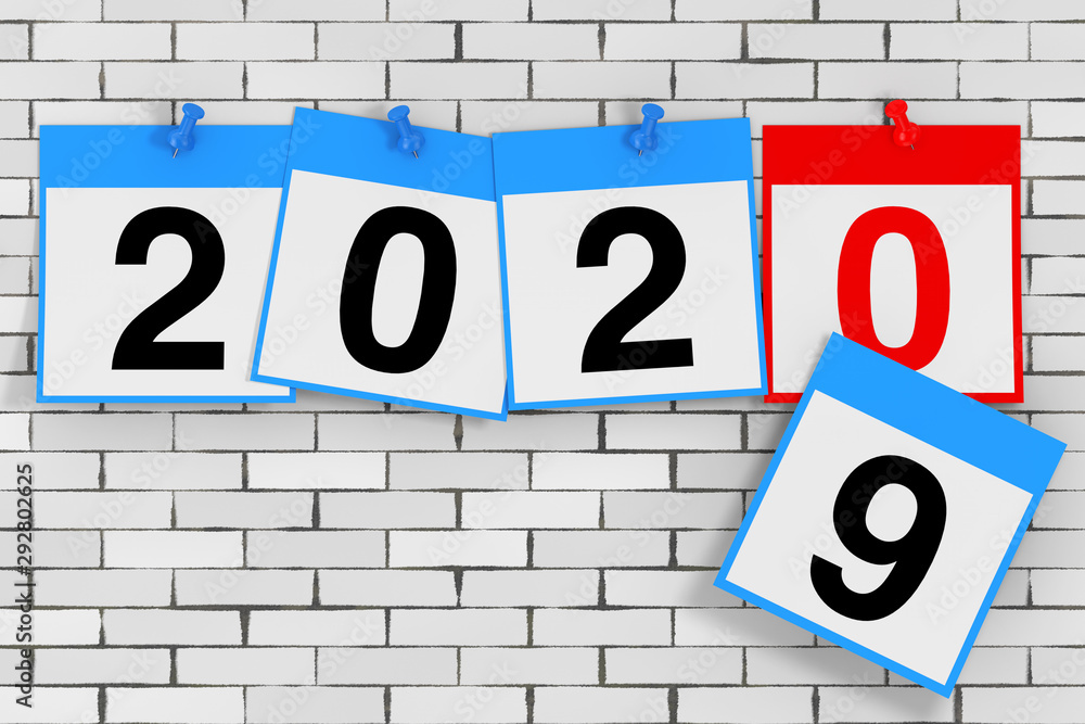 Poster New 2020 Year Start Concept. Calendar Sheets with 2020 New Year Sign. 3d Rendering