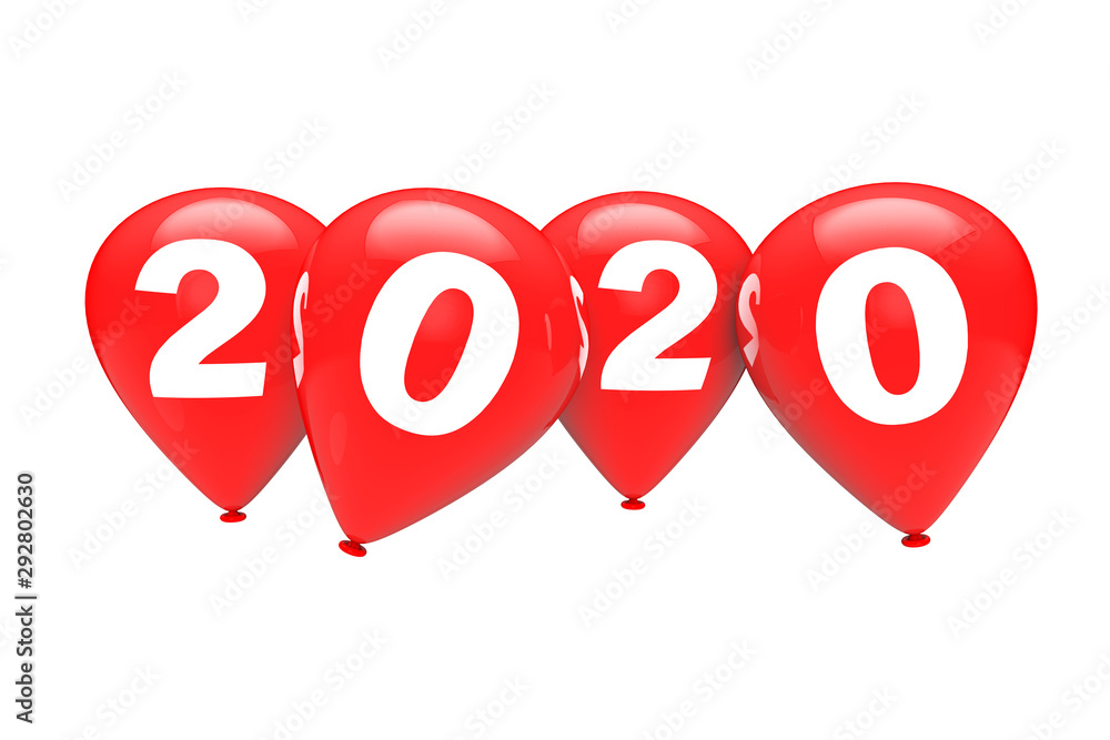 Aufkleber new year concept. red christmas balloons with 2020 sign. 3d rendering