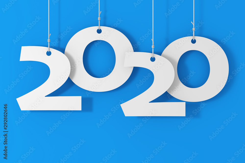 Aufkleber hanging on ropes new 2020 year sign. 3d rendering