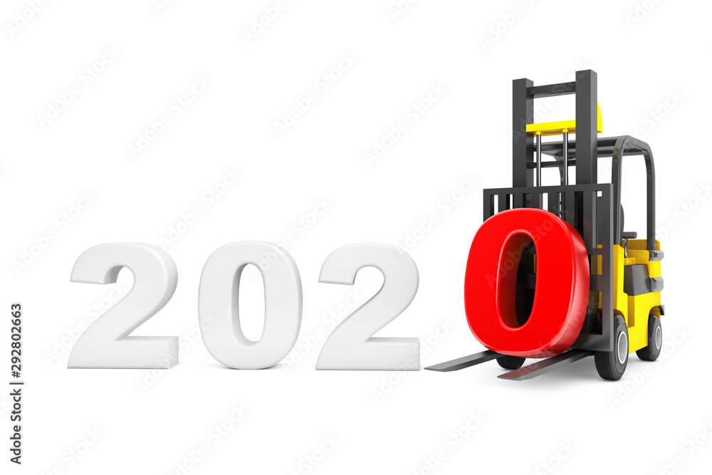 Poster forklift truck with 2020 new year sign. 3d rendering