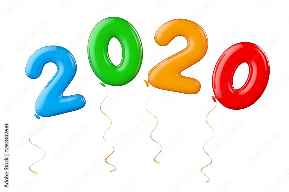 Aufkleber multicolour balloons as 2020 new year sign. 3d rendering