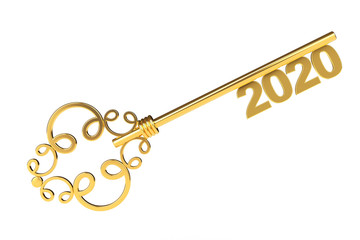 Golden Vintage Key with 2020 year Sign. 3d Rendering
