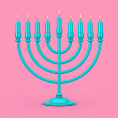Retro Blue Hanukkah Menorah with Burning Candles Duotone. 3d Rendering