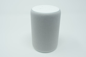 Gray smart speaker with cloth texture.