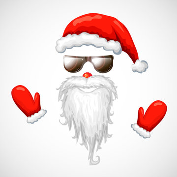 cool santa claus vector illustration. red santa hat, sunglasses, beard isolated on white. hipster santa face mask in sunglasses. Christmas costume clipart. funny xmas character. photo booth props.