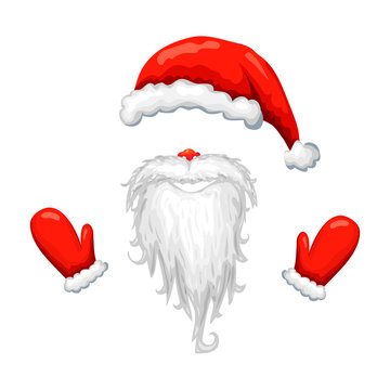 red santa hat, beard and mittens isolated on white background. Vector illustration of santa claus costume. santa face mask. Christmas costume clipart. funny xmas character. photo booth and props.