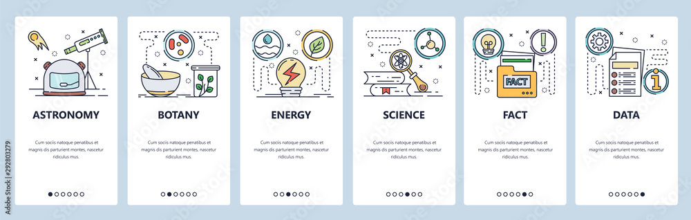 Poster science website and mobile app onboarding screens vector template