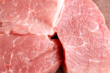 Coarsely chopped pieces of pork. Raw meat before cooking. The concept of cholesterol food. Flat sections with streaks of fat.