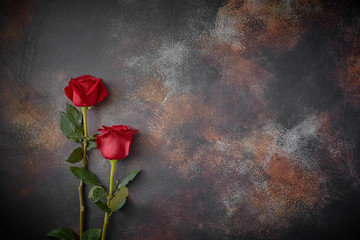 Red roses lie on a textured spotted marble background. A sign of condolence, sympathy for the loss....