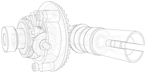 Gear wheels close-up. Vector rendering of 3d. Wire-frame.