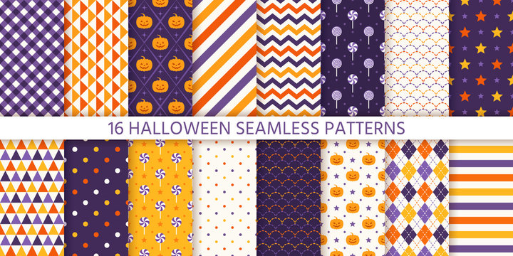 Halloween pattern. Seamless texture. Vector. Haloween background with pumpkin face, candy, polka dot, star, stripe, checker. Geometric wrapping paper, textile print. Orange yellow purple Illustration