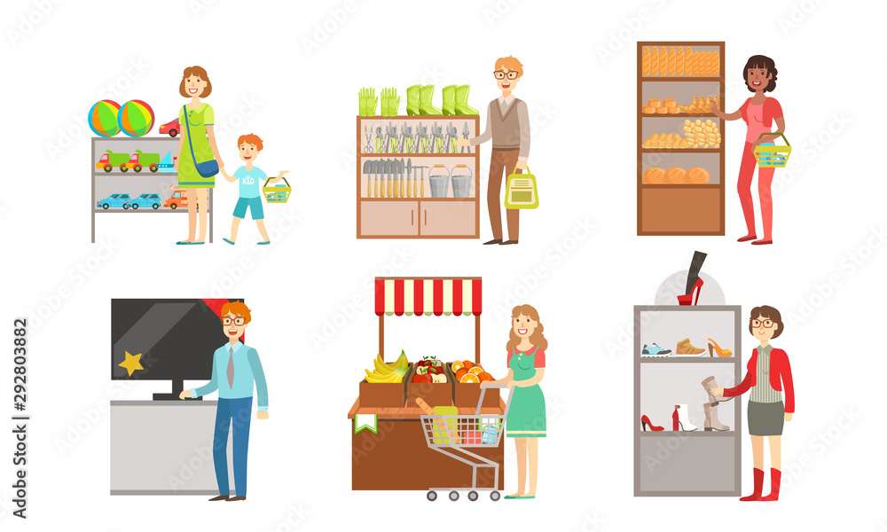 Canvas Prints People Shopping at the Supermarket Set, Men and Women Buying Groceries, Toys, Garden Equipment, Electronics, Fruits and Vegetables, Shopping Mall Center Interior Vector Illustration