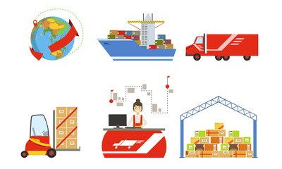 Warehouse, Cargo Transportation, Logistics and Distribution Set, Forklift, Truck, Ship, Warehouse Building Vector Illustration