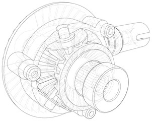 Gearbox sketch. Vector rendering of 3d. Wire-frame style.