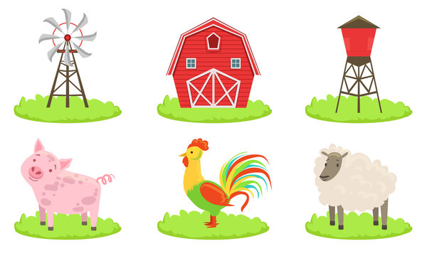 Different Farm Elements Set, Farm Animals, Wind Turbine, Barn, Silo Tower Vector Illustration