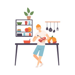 Man with a whisk and a bowl in his hands in the kitchen. Vector illustration.