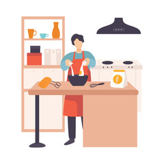 Man breaks an egg in a bowl in a modern kitchen. Vector illustration.