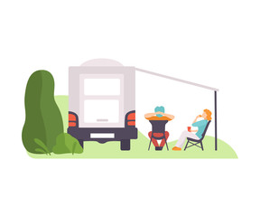People are sitting under a canopy near the van. Vector illustration.