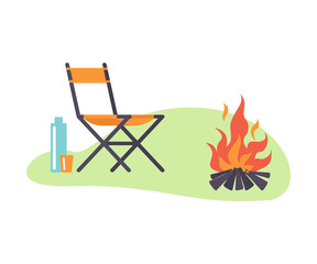 Chair next to a bonfire in a clearing. Vector illustration.