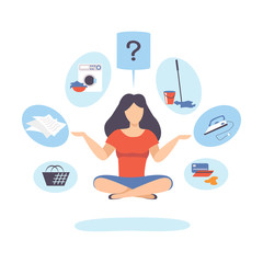 Woman is sitting in lotus position. Vector illustration.
