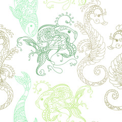 Seamless Pattern marine life in lines in pastel colors