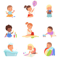 Different kids play. Vector illustration on a white background.