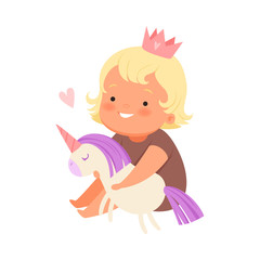 Girl with a plush unicorn. Vector illustration on a white background.