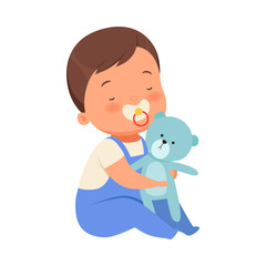 Fototapeta premium Boy with toy teddy bears is sitting. Vector illustration on a white background.