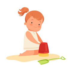 Girl plays in the sand. Vector illustration on a white background.