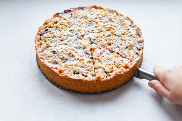 homemade berry pie. round shapes. Closeup homemade berry pie with meringue on white wooden table. Top view