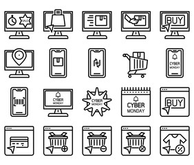 Cyber Monday outline icon set, vector and illustration