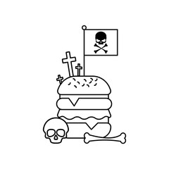 Concept of the risk of eating junk food. Outline illustration. Isolated on white background. 