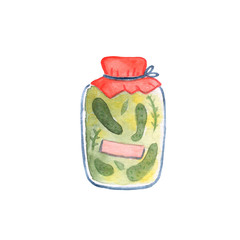 Preserves in glass jar watercolor illustration on white background. Cucumber marinade in glass jar with blank tag.