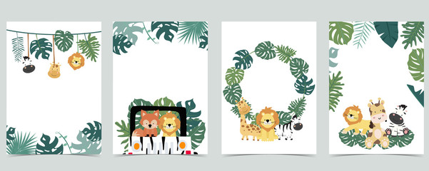 Green animal collection of safari frame set with leaf,leaves vector illustration for birthday invitation,postcard,logo and sticker © piixypeach