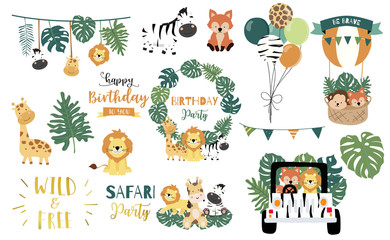 Safari object set with fox,giraffe,zebra,lion,leaves,car. illustration for logo,sticker,postcard,birthday invitation.Editable element - obrazy, fototapety, plakaty