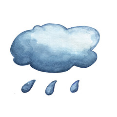 Grey blue cloud with rain watercolor illustration on white background. Climate or environment...