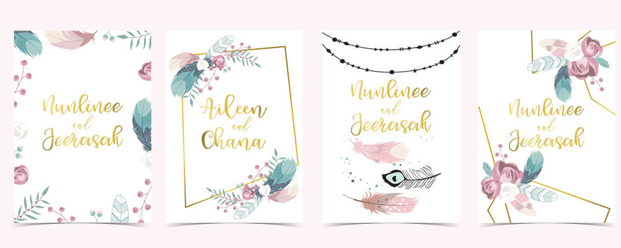 Pink green geometry wedding invitation with rose,feather and leaves.Vector birthday invitation for kid and baby.Editable element