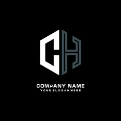 Initial letter CH minimalist line art hexagon shape logo. color  blue,white,black background