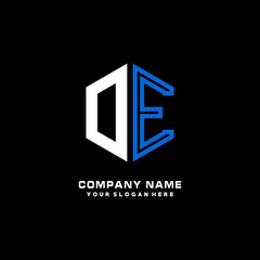 Initial letter DE minimalist line art hexagon shape logo. color  blue,white,black background