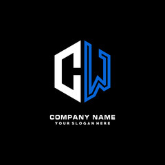 Initial letter CW minimalist line art hexagon shape logo. color  blue,white,black background
