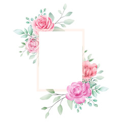 Soft peach watercolor flowers frame for wedding or greeting card composition. Geometric floral frame illustration of red roses, peonies, leaf, branches. Wedding invitation flower background