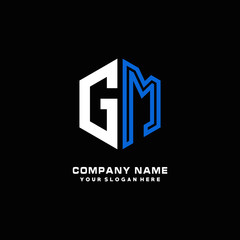 Initial letter GM minimalist line art hexagon shape logo. color  blue,white,black background