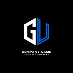 Fototapeta premium Initial letter GU minimalist line art hexagon shape logo. color blue,white,black background