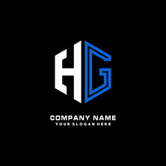 Initial letter HG minimalist line art hexagon shape logo. color  blue,white,black background