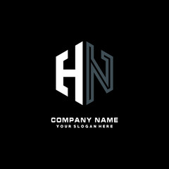 Initial letter HN minimalist line art hexagon shape logo. color  blue,white,black background