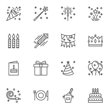Party decoration line icons set. linear style symbols collection, outline signs pack. vector graphics. Set includes icons as popper, fireworks rocket, invitation card, flag, party balloons, cone hat